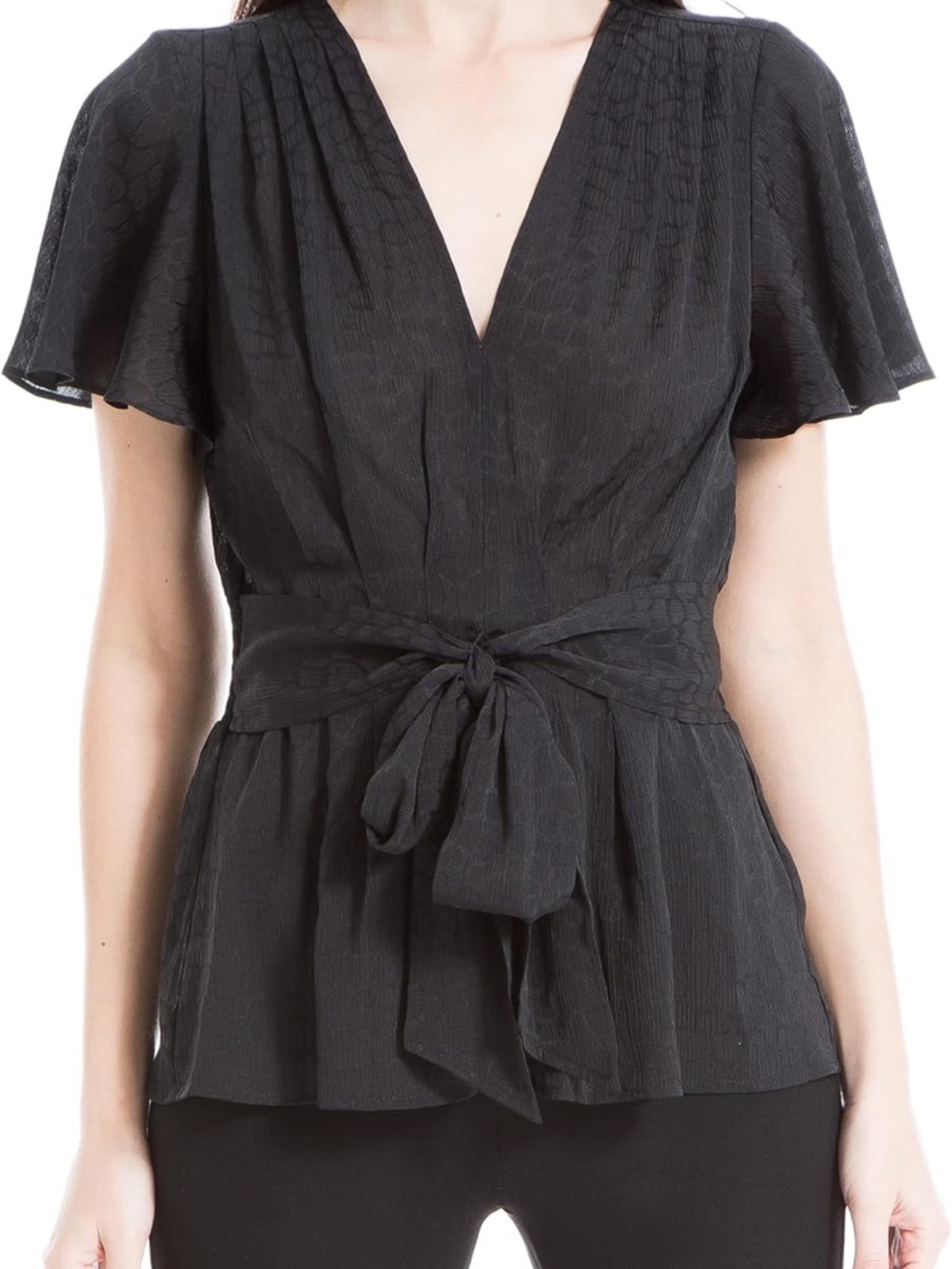Max Studio Short Sleeve Tie Waist Blouse with Flutter Sleeves Size M